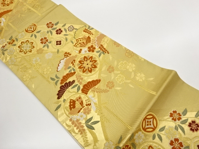 JAPANESE KIMONO / FUKURO OBI / WOVEN FLORAL CREST & FLOWERS